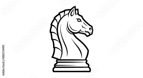 A black and white vector graphic illustration of a chess knight piece