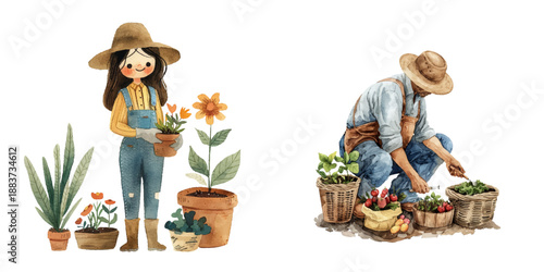 gardener watercolor vector illustration