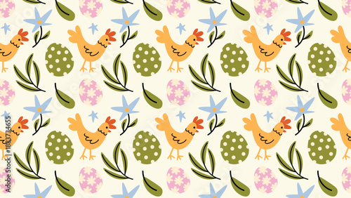 Seamless Easter pattern with hand-drawn rabbits, eggs and spring plants. Minimal playful design for holiday packaging and backgrounds.