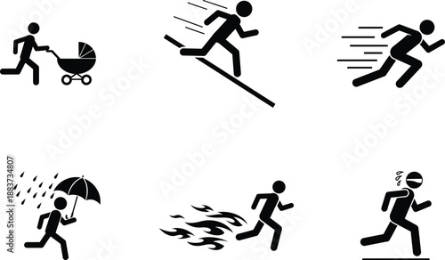 stick figures running in different situations with various objects
