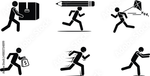 stick figures running with various objects in different actions and poses