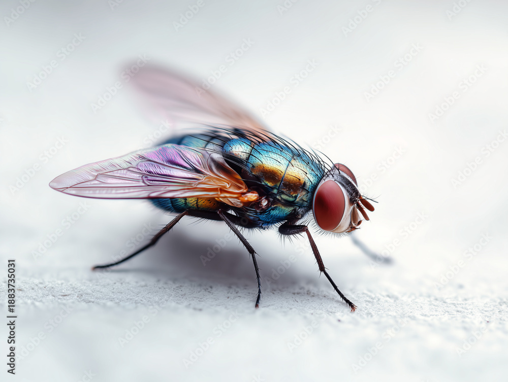 Fototapeta premium Macro photo of a housefly on white surface showing intricate detail for biology, pest control, micro photography or entomology studies