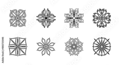 A collection of intricate black and white mandala-like designs, showcasing a variety of symmetrical and abstract patterns perfect for decorative elements.