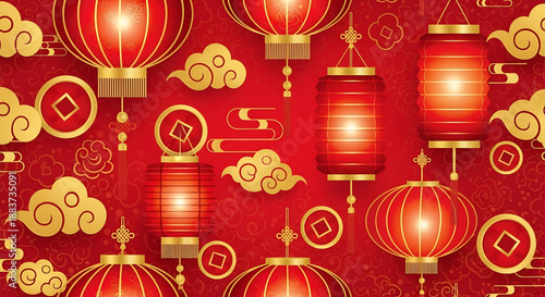Vibrant red lanterns and golden ornaments adorn a festive background with clouds and symbols in a celebratory atmosphere viewed from directly above