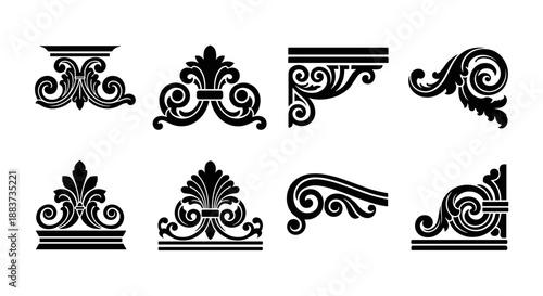 Elegant collection of black and white vintage ornamental design elements, featuring intricate scrollwork and classic floral motifs for decorative purposes.