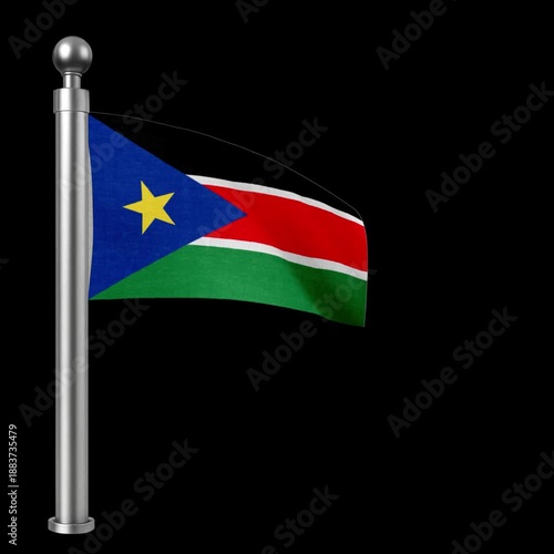 South Sudan Flag Waving on Silver Pole Realistic Footage National Flag Animation