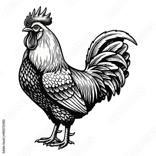 Vintage Engraving Style Rooster Standing Proudly Farm Bird Illustration