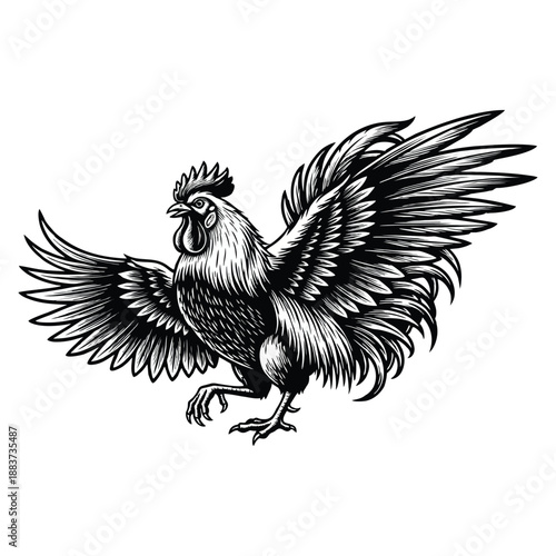 Majestic farm rooster with wings fully spread captured in a timeless artistic style