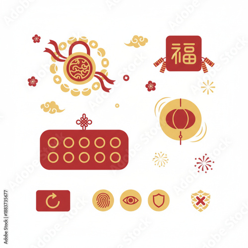 Vibrant collection of Chinese New Year themed vector icons, featuring symbols of prosperity, security, digital transactions, and festive celebration for modern digital experiences