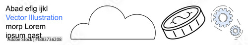 Data storage, financial technology, innovation, efficiency, cryptocurrency, process management. Cloud shape, coin and gears tech and finance. Data storage and financial technology concept