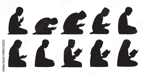 Black and white silhouette of mosque minarets domes and palm trees at night