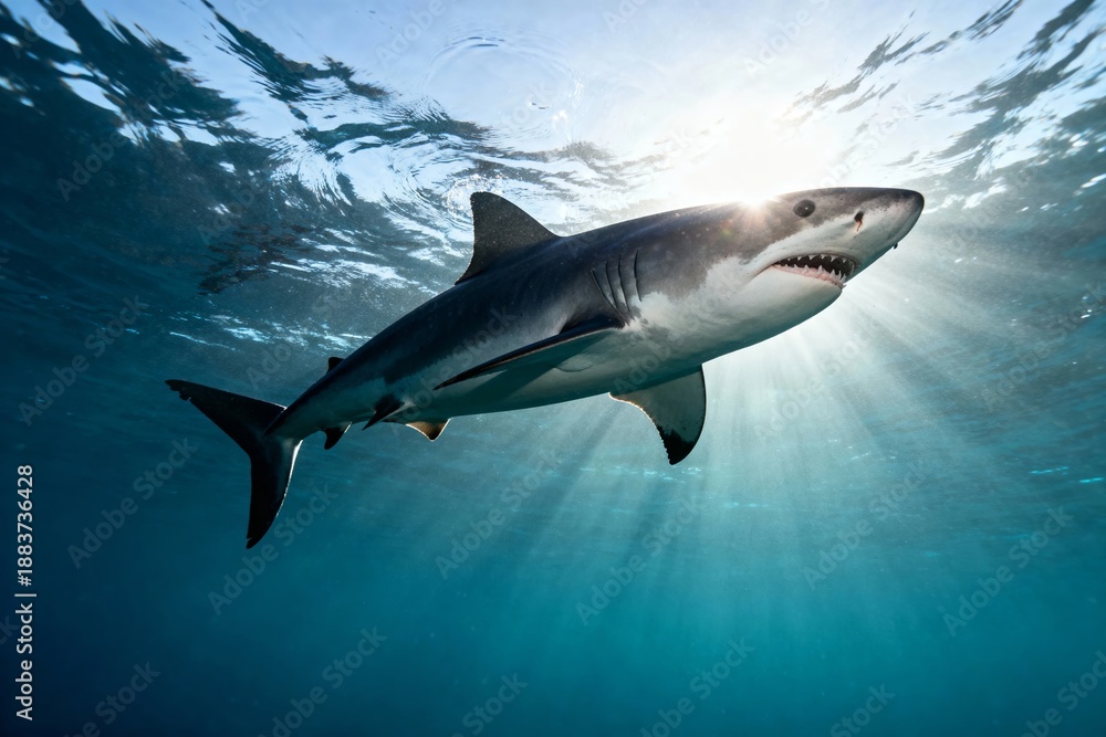 Fototapeta premium A great white shark swims gracefully underwater with sunlight streaming through the ocean surface above.