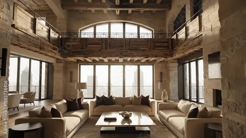 Elegant Interior Design - A Luxurious Living Room with Large Windows.