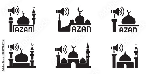 Set of mosque icons with loudspeakers and azan text, Islamic call to prayer symbols