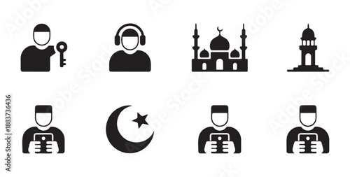 Ramadan kareem greeting card banner line art illustration mosque palm trees and lanterns