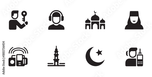 Set of eight black solid icons representing islamic culture and ramadan celebration