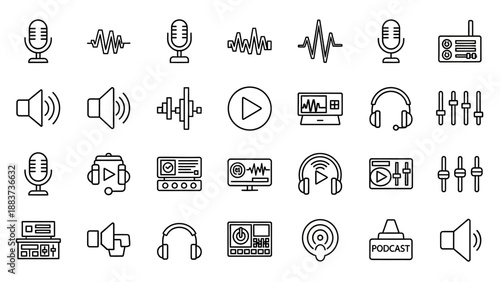 Black line icons of audio equipment.