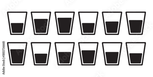 Twelve glasses with different amounts of liquid water or drink set flat design