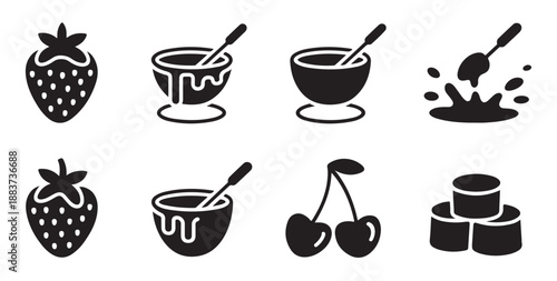 Food icons set depicting berries dessert ingredients sauce bowls spoons splashes and jars of sweet jam