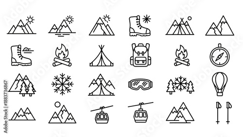 Black line icons of camping objects.