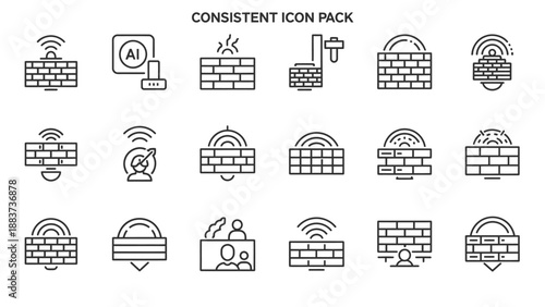 Black line icons of security systems.