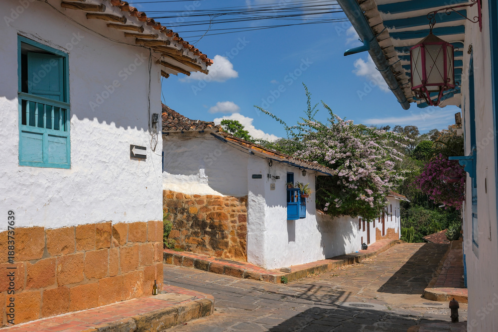 Fototapeta premium Barichara, Colombia - January 9, 2026: Views of a street in the historic center of Barichara, Colombia.