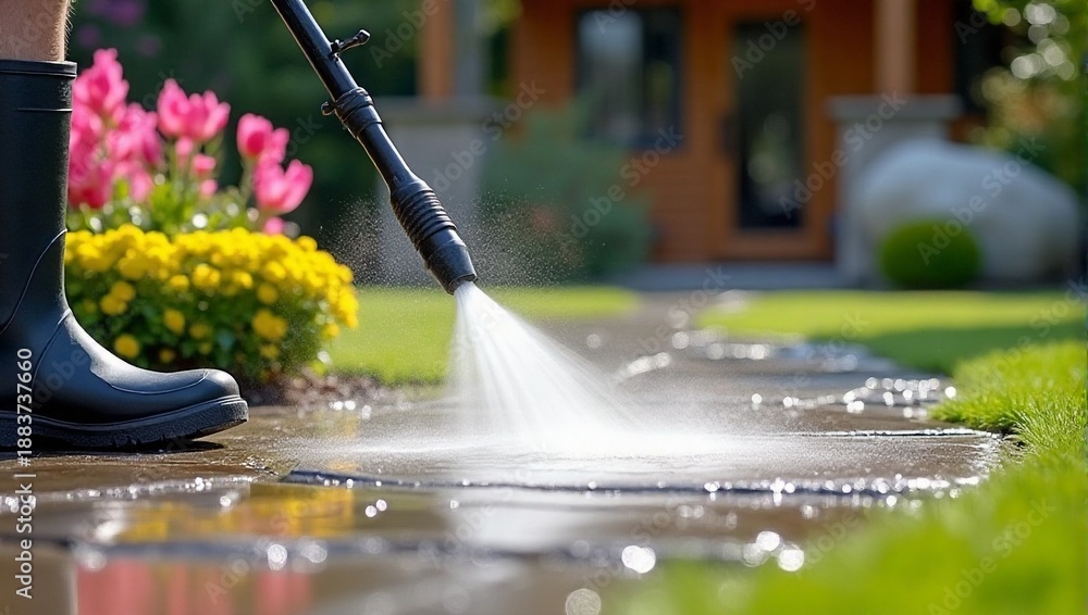 Fototapeta premium Professional using pressure washer to clean stone garden pathway, water spray frozen, high pressure water jet -garden cleaning, cleanliness, hygiene, home maintenance, outdoor spring cleaning service
