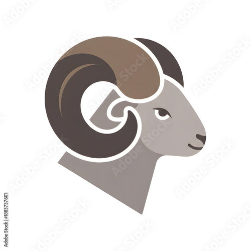 Stylized illustration of a majestic ram head with powerful curved horns, depicted in a noble profile. A dynamic and iconic animal design for branding or symbolic representation