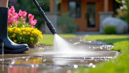Professional using pressure washer to clean stone garden pathway, water spray frozen, high pressure water jet -garden cleaning, cleanliness, hygiene, home maintenance, outdoor spring cleaning service