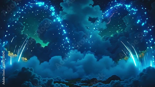 Wallpaper Mural Colorful clouds explode cyan vapor blast, blending into vibrant arcs on a green background, with shimmering crystals dancing in a mystical, otherworldly scene under starlight. Torontodigital.ca