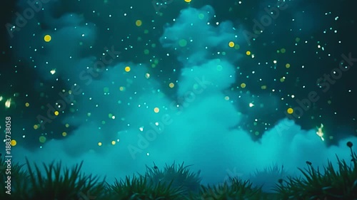 Wallpaper Mural Dynamic wisps explode cyan vapor blast, weaving radiant designs across a green background, with glowing fireflies twinkling in a tranquil, aquatic-inspired atmosphere at dawn. Torontodigital.ca