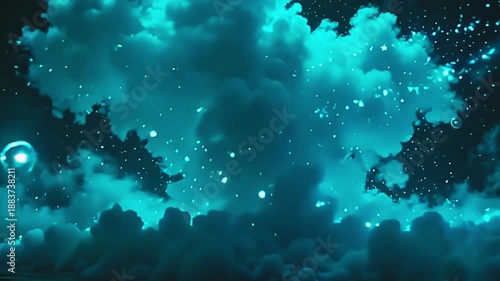 Wallpaper Mural Bright clouds explode cyan vapor blast, weaving dynamic patterns across a green background, with glowing orbs dancing in a vibrant, electrified scene at midday. Torontodigital.ca