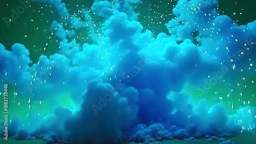 Wallpaper Mural Colorful vapors explode cyan vapor blast, blending into dynamic arcs on a green background, with sparkling embers dancing in a lively, cosmic atmosphere at midday. Torontodigital.ca