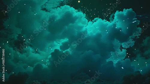 Wallpaper Mural Dynamic wisps explode cyan vapor blast, weaving sharp tendrils across a green background, with glowing orbs rippling in a serene, festive scene at dusk. Torontodigital.ca