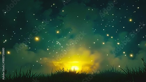 Wallpaper Mural Bright vapors explode cyan vapor blast, weaving angular patterns across a green background, with glowing fireflies twinkling in a lively, electrified scene at sunrise. Torontodigital.ca