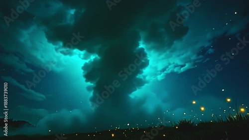 Wallpaper Mural Dynamic plumes explode cyan vapor blast, weaving bold webs across a green background, with glowing fireflies dancing in a vibrant, stormy atmosphere at twilight. Torontodigital.ca