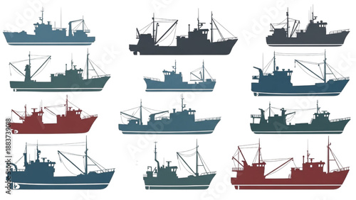 Collection of diverse fishing boat silhouettes on a white background