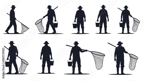 Collection of diverse silhouettes capturing individuals in various poses with nets and buckets for outdoor pursuits
