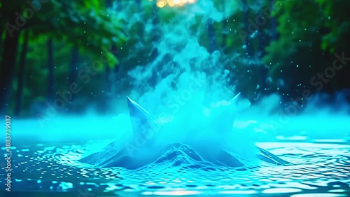 Wallpaper Mural Vivid wisps explode cyan vapor blast, surging into angular shapes against a green background, with soft ripples swirling in a serene, aquatic-inspired scene at dusk. Torontodigital.ca