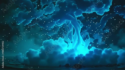 Wallpaper Mural Bright wisps explode cyan vapor blast, surging into vibrant tendrils against a green background, with soft ripples twinkling in a whimsical, cosmic scene under moonlight. Torontodigital.ca