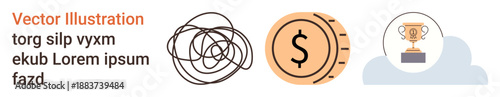 Problem-solving, business success, goal achievement, financial strategy, career advancement, creativity. Abstract scribble, dollar coin and trophy icon. Chaos resolution and financial strategy