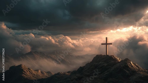 Cross on mountain peak sunrise dramatic clouds golden light spiritual solitude landscape majestic rocky summit wooden cross atmospheric mist hopeful landscape