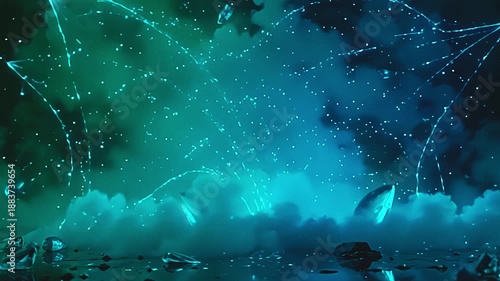 Wallpaper Mural Neon vapors explode cyan vapor blast, blending into dynamic webs on a green background, with shimmering crystals dancing in a whimsical, cosmic atmosphere at midday. Torontodigital.ca