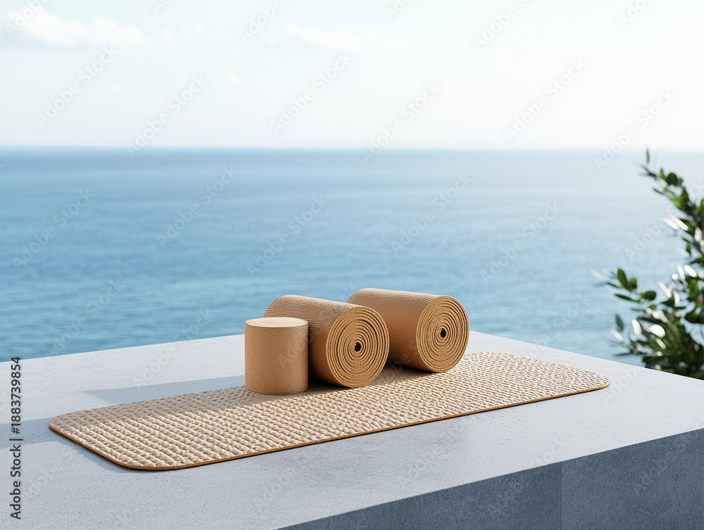 Fototapeta premium Minimalist yoga mat outdoor textured fitness mat rolled exercise mat sea view terrace coastal meditation space peaceful workout morning natural