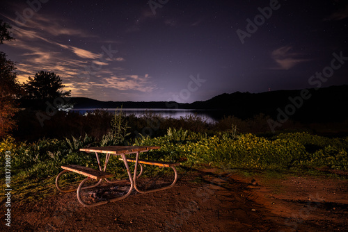 Evening sky over picnic table at Lake Casitas as stars begin to appear in the evening sky