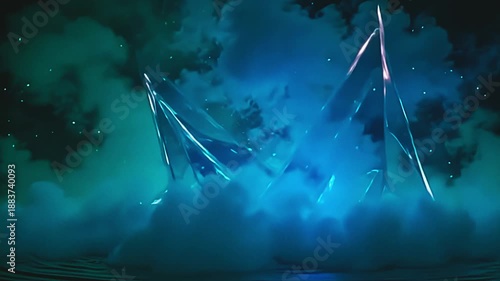 Wallpaper Mural Vivid mists explode cyan vapor blast, surging into angular designs against a green background, with soft ripples twinkling in a whimsical, festive setting at night. Torontodigital.ca