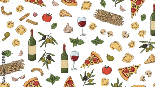Delicious Italian Food and Drink Pattern Pizza, Pasta, Wine, and More