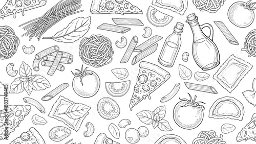 Hand-drawn Italian food ingredients and dishes seamless pattern illustration