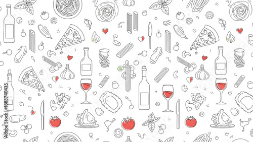 Stylish Hand-Sketched Italian Culinary Delights A Seamless Doodle Pattern for Food and Wine Themes
