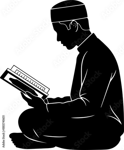 Muslim Man Reading Quran Silhouette Illustration, Islamic Prayer ConceptMuslim Man Reading Quran Silhouette Illustration, Islamic Prayer Concept